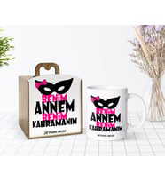 BK Gift Kişiye Özel Ahşap Kutuda Anneler Günü Temalı Benim Annem Bir Kahraman Tasarımlı Beyaz Kupa Bardak-2