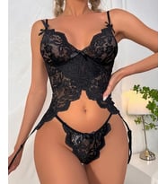 Kadın Yumuşak Dantel Jartiyerli Bodysuit Tanga Bacak Aksesuarı Takım- 8460 (Siyah)