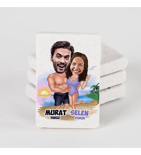 Kişiye Özel Tatildeki Sevgililer Karikatürlü Taş Buzdolabı Magneti
