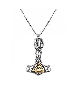 Paslanmaz Çelik Altın Renk Detaylı Viking Güç Sembol Valknut Viking Kolye 70 cm Zincirli (Gümüş)