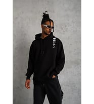 Erkek 3 İplik Pamuklu Kapüşonlu Baskılı Cepli Oversize Sweatshirt Hoodie - Siyah