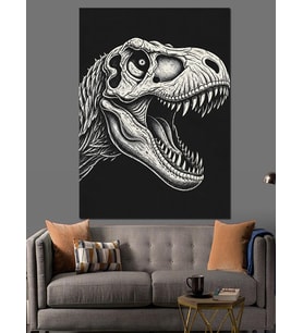 Siyah Beyaz T-Rex Kafatası Dekoratif Kanvas - Mdf Ahşap Tablo