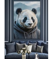 Gri Hoodieli Sevimli Panda Portresi Dekoratif Kanvas - Mdf Ahşap Tablo