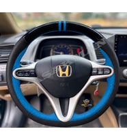 Honda Civic FD6 Dikme Direksiyon Kılıfı Parlak Siyah Mavi Detaylı Mavi Çift Yüzük ve Dikiş 2006-2012