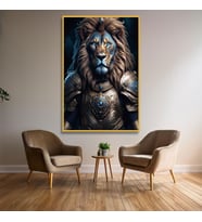 Metal Çerçeveli Temperli Cam Tablo Zırhlı Aslan (Gold)