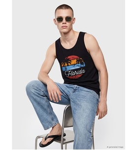 LC WAIKIKI Siyah Bisiklet Yaka Florida Baskılı Erkek Kolsuz Tişört