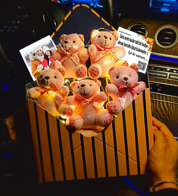 Kişiye Özel Fotoğraflı Led Işıklı Luxry Yumuş Pembe Peluş Ayıcık Buketi