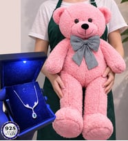 Premium Set Büyük Boy Pembe Peluş Ayıcık ve Işıklı Kutusunda 925 Ayar Gümüş Kolye (Model 1)