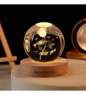 Işıklı Ahşap Kaideli Aşk ve Gül Cam Küre 8cm*6cm