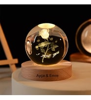 Işıklı Ahşap Kaideli Aşk ve Gül Cam Küre 8cm*6cm