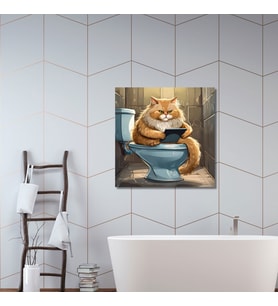 Tekli Kare Kanvas Banyo Tablosu Tabletle Oynayan Sarman Kedi
