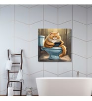 Tekli Kare Kanvas Banyo Tablosu Tabletle Oynayan Sarman Kedi