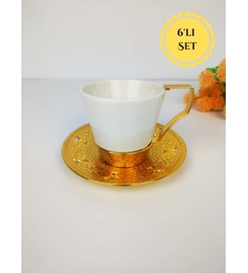 Azra Gold-Beyaz Porselen Büyük Çay – Neskafe Fincan Seti – 6 Kişilik