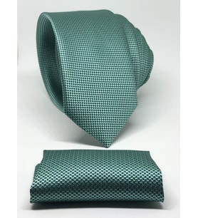 Koyu Turkuaz Renk Mendilli Slim Fit Oxford Kuş Gözü Desen Kravat