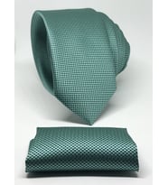 Koyu Turkuaz Renk Mendilli Slim Fit Oxford Kuş Gözü Desen Kravat