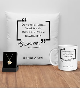 BK Gift Kişiye Özel Öğretmenler Günü Tasarımlı Beyaz Kupa Yastık ve İsimli Papatya Kolye Hediye Seti- 13, Öğretmene Hediye, Öğretmenler Günü