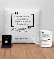 BK Gift Kişiye Özel Öğretmenler Günü Tasarımlı Beyaz Kupa Yastık ve İsimli Papatya Kolye Hediye Seti- 13, Öğretmene Hediye, Öğretmenler Günü