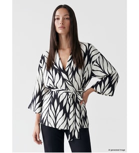 LCW EVERYDAY Siyah Şal Yaka Desenli Kadın Kimono