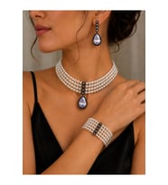 Zirkon Taşlı Tasma Choker İnci Kolye Su Yolu Damla Küpe ve İnci Bileklik Seti