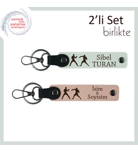 Boks Eldivenli, Kişisel Yazılı 2’li Anahtarlık, Sporcu Sevgiliye Anlamlı Hediye, Beyaz-Yavru Ağzı