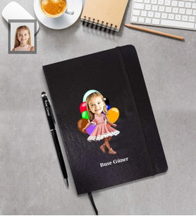 Kişiye Özel Kız Çocuk Karikatürlü Siyah Defter Kalem Hediye Seti Model-2