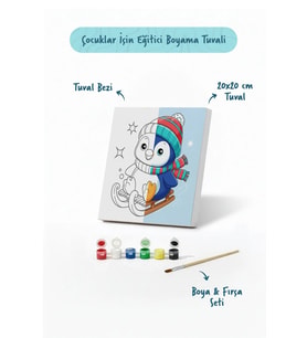 Kızaklı Penguen Temalı Çocuk Boyama Tuvali – Şövalesiz Eğitici Boyama Seti 20x20 cm