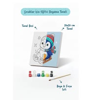 Kızaklı Penguen Temalı Çocuk Boyama Tuvali – Şövalesiz Eğitici Boyama Seti 20x20 cm