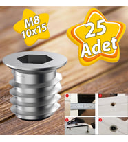 Metal Düz Dişli Dübel Ahşap Dübeli M8 10x15 Diş Çinko Mobilya Bağlantı Ünite Birleştirme (25 ADET) (Krom)
