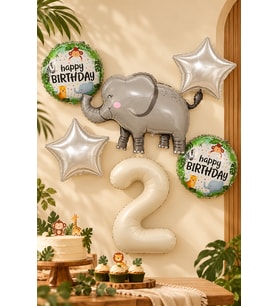 2 Yaş Fil Folyo Balonlu 5li Set ve Rakam Balon Safari Tema Balon Seti Set42
