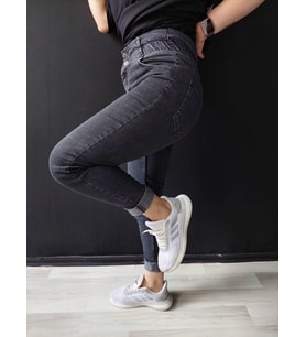 Bel Fırfır Detaylı Dar Paça Yüksek Bel Kot Pantolon (Gri)