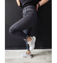 Bel Fırfır Detaylı Dar Paça Yüksek Bel Kot Pantolon (Gri)
