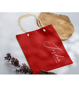 BK Gift Kişiye Özel İsimli Tarihli Kırmızı Halat Saplı Kumaş Bez Çanta-2, Baskılı Omuz Çantası, Alışveriş Çantası, Arkadaşa Hediye