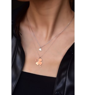 925 Ayar Gümüş Rodyum-rose Kaplama Kesim Yonca Ve Kalp Asansörlü Kolye