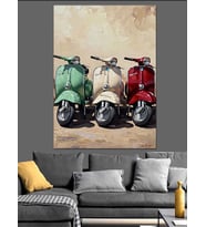Renkli Klasik Scooter Seti Dekoratif Kanvas - Mdf Ahşap Tablo