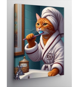 Kanvas Tablo Dişlerini Fırçalayan Sarı Kedi