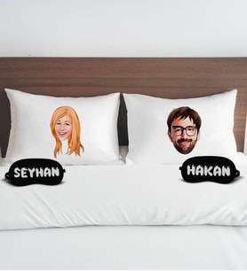 BK Gift Kişiye Özel Karikatürlü Pamuklu Yastık Kılıfı ve Göz Bandı Çift Uyku Seti-5, Tasarım Ev Tekstili, Uyku Bandı, Ev Hediyesi