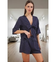 Kadın Çizgili Pamuklu Pijama Takımı Şal Yaka Bağlamalı Yazlık Özenle Seçilmiş Şık Görünüm (Lacivert)