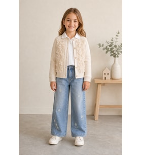 Kız Çocuk Krem Dokulu Hırka Gömlek Çiçek İşlemeli Kot Pantolon 3'lü Takım - KREM / 6 YAŞ