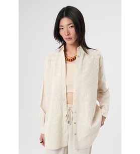 Kadın Minimalist Yaprak Nakışlı Pamuk Keten Oversize Gömlek