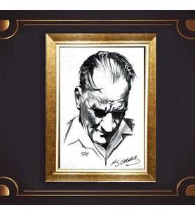 Altın Varaklı Çerçeveli Paspartulu Atatürk Tablo nl02A322 (Gold)