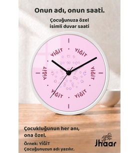 İsme Özel Pembe Küçük Kalpler Çocuk Odası Duvar Saati Orta Boy 30 cm Beyaz Camlı Sessiz