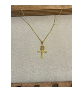 925 Ayar Gümüş Gold Renk Zincirli Ank Haç Model Kolye 45cm