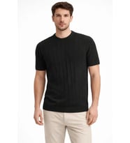 Erkek Yazlık Fitilli Triko Tişört Kısa Kol Bisiklet Yaka T-Shirt - Siyah