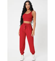 Kadın Kırmızı Kaşkorse Cepli Jogger Eşofman Altı ve Crop Top Bluz