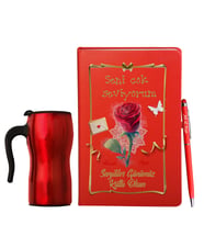 Sevgililer Gününe Özel Deri Kırmızı Defter Kalem & Termos Mug Hediye Seti 16
