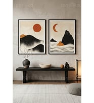 Doğa Motifli Minimalist 2'li Ahşap Çerçeveli Tablo Seti