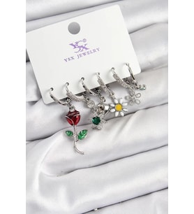 Pirinç Zİrkon Taşlı Gül Ve Papatya Model Gümüş Renk 3'lü Çift Kadın Küpe - TJ-BKP10956