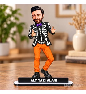 Kişiye Özel Fotoğraflı Halloween İskelet Kostümlü Karikatürlü 18 cm MDF Masaüstü Biblo - Masaüstü Hediye