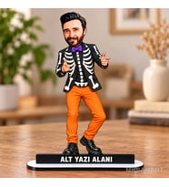 Kişiye Özel Fotoğraflı Halloween İskelet Kostümlü Karikatürlü 18 cm MDF Masaüstü Biblo - Masaüstü Hediye