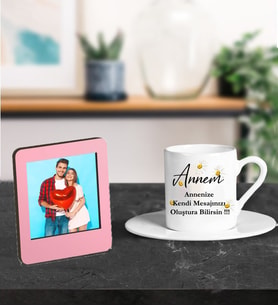 Kişiye Özel Canım Annem Kendi Mesajını Oluştur Tasarımlı Türk Kahve Fincanı Ve Resimli Pembe Çerçeve